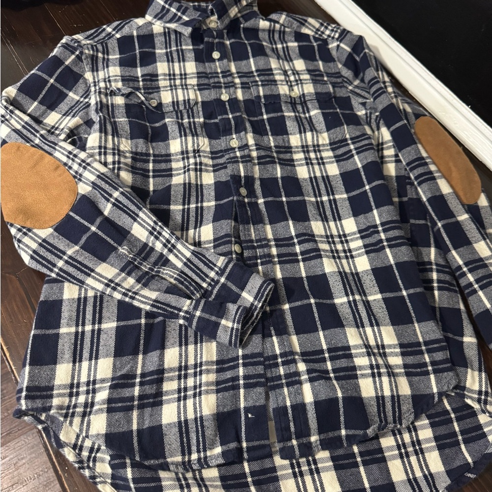 Polo Ralph Lauren Navy and White Plaid Shirt with Brown Elbow Patches Sz L Boys